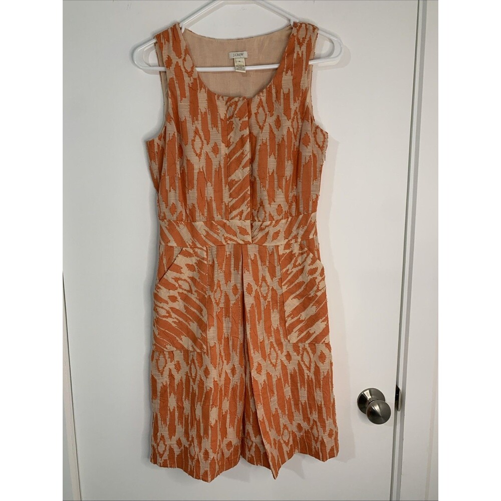 J. Crew Abstract Ikat Boho Dress Womens 0 Orange Textured Cotton Pockets  New